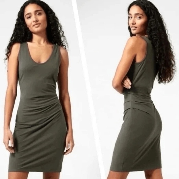 Athleta Della Tank Ruched Waist Dress Tuscan Olive Green Size S Stretch Casual - Picture 11 of 11